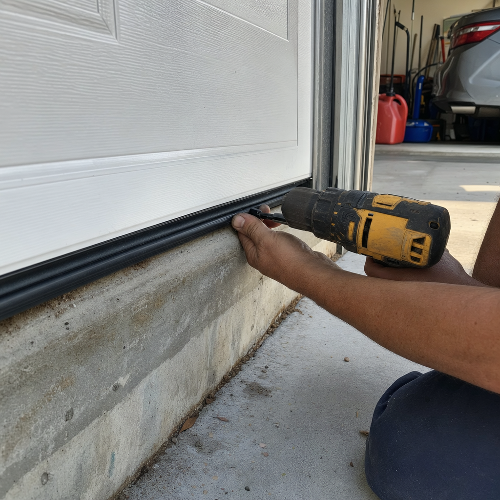 Technician using power drill for garage door bottom seal installation