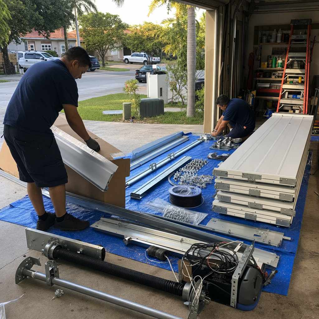 Two technicians performing a professional garage door installation service.