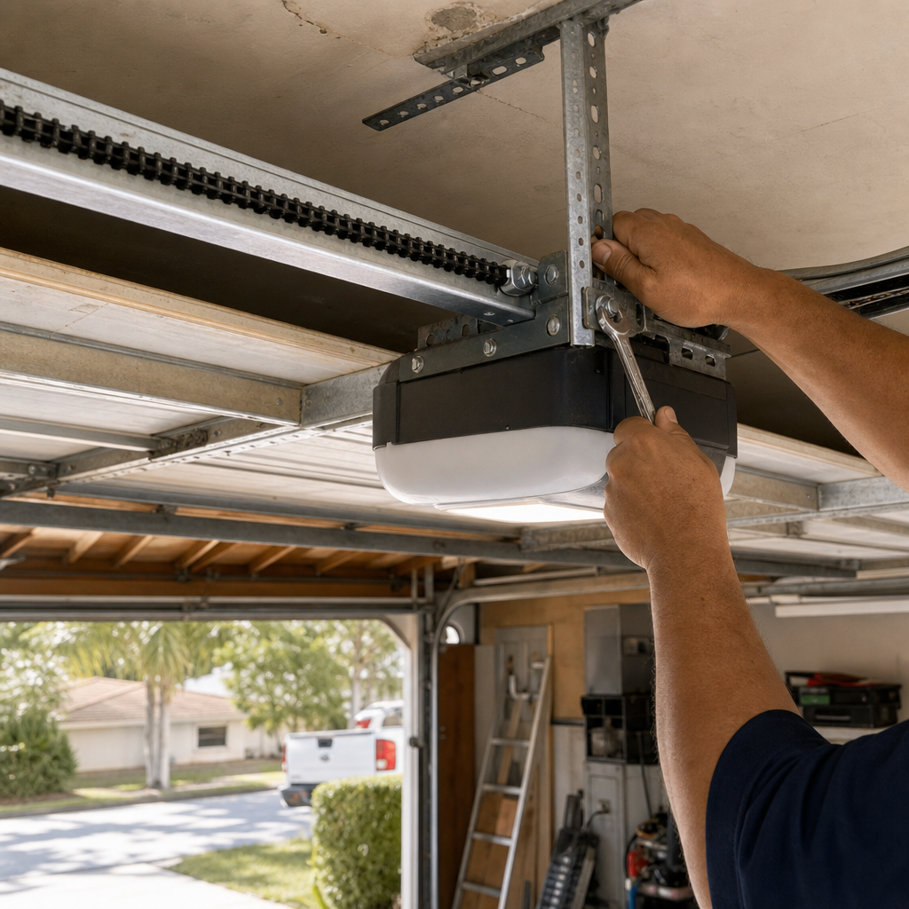 Technician using a wrench to repair a garage door opener motor
