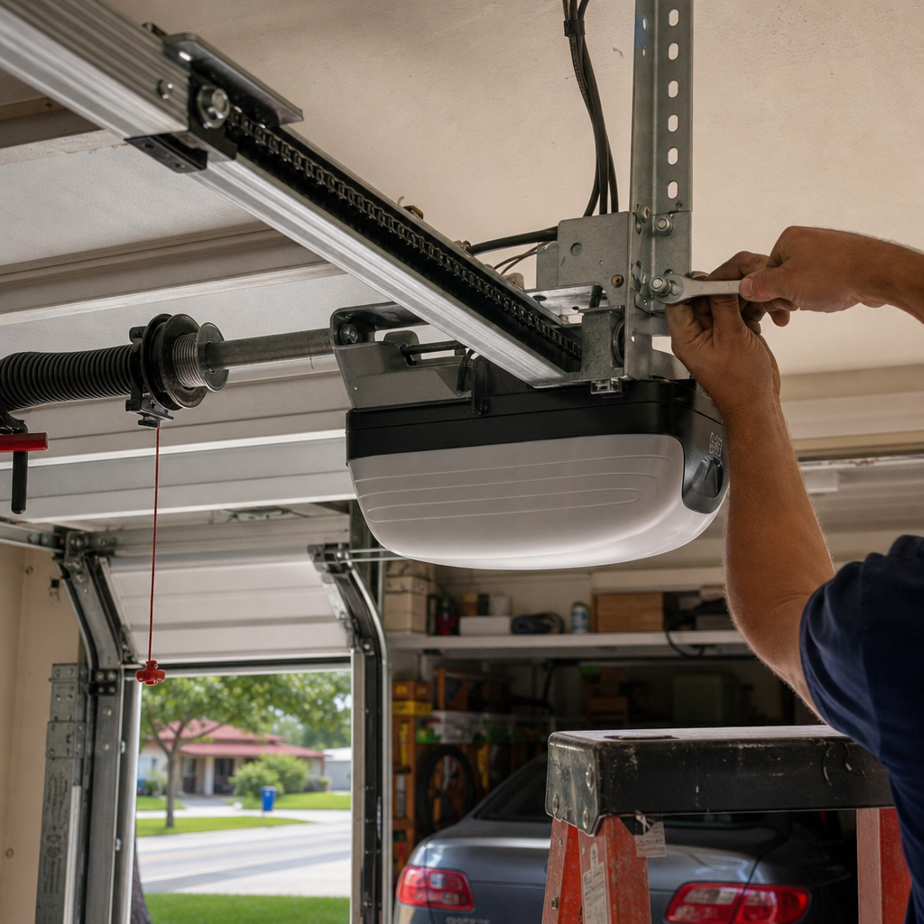 Technician using a wrench to repair a garage door opener motor