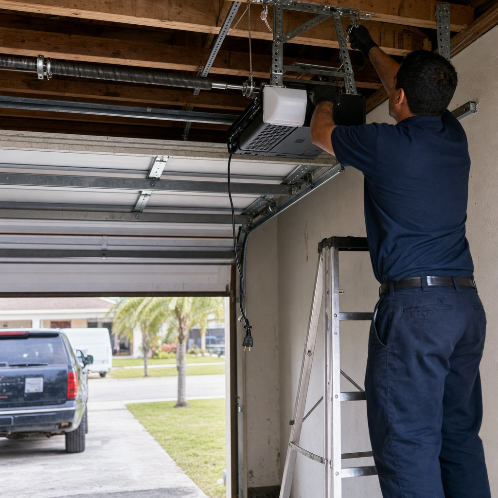 Technician performing professional garage door opener maintenance and repair service