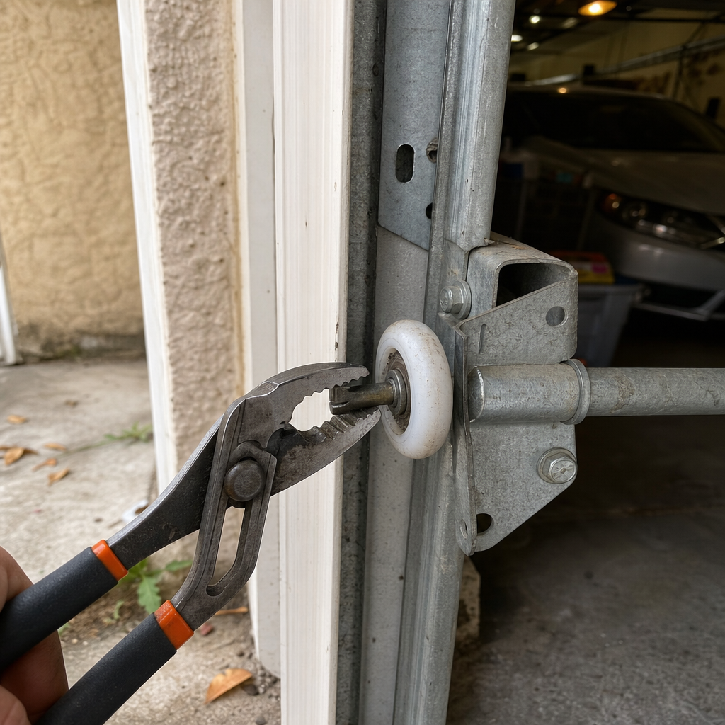 Technician using pliers to repair a garage door roller