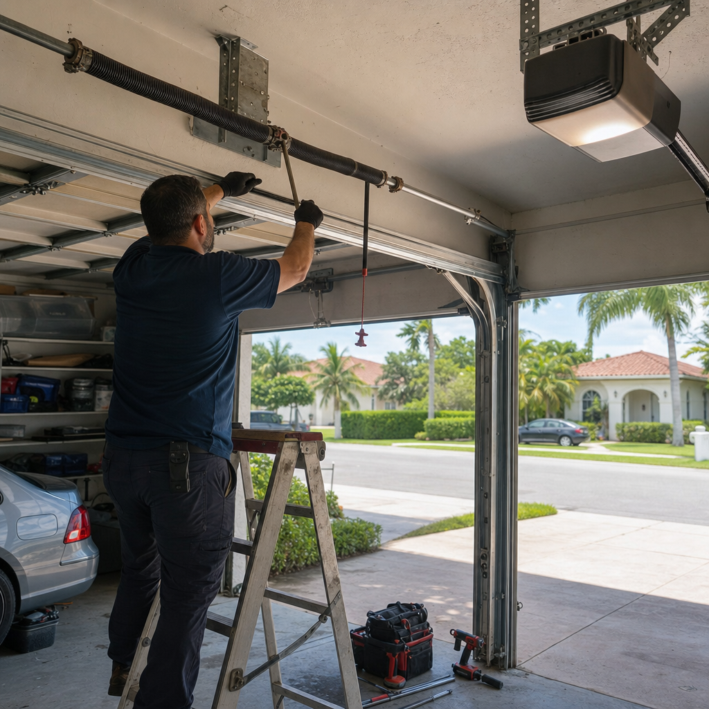 Technician performing professional garage door spring repair and maintenance