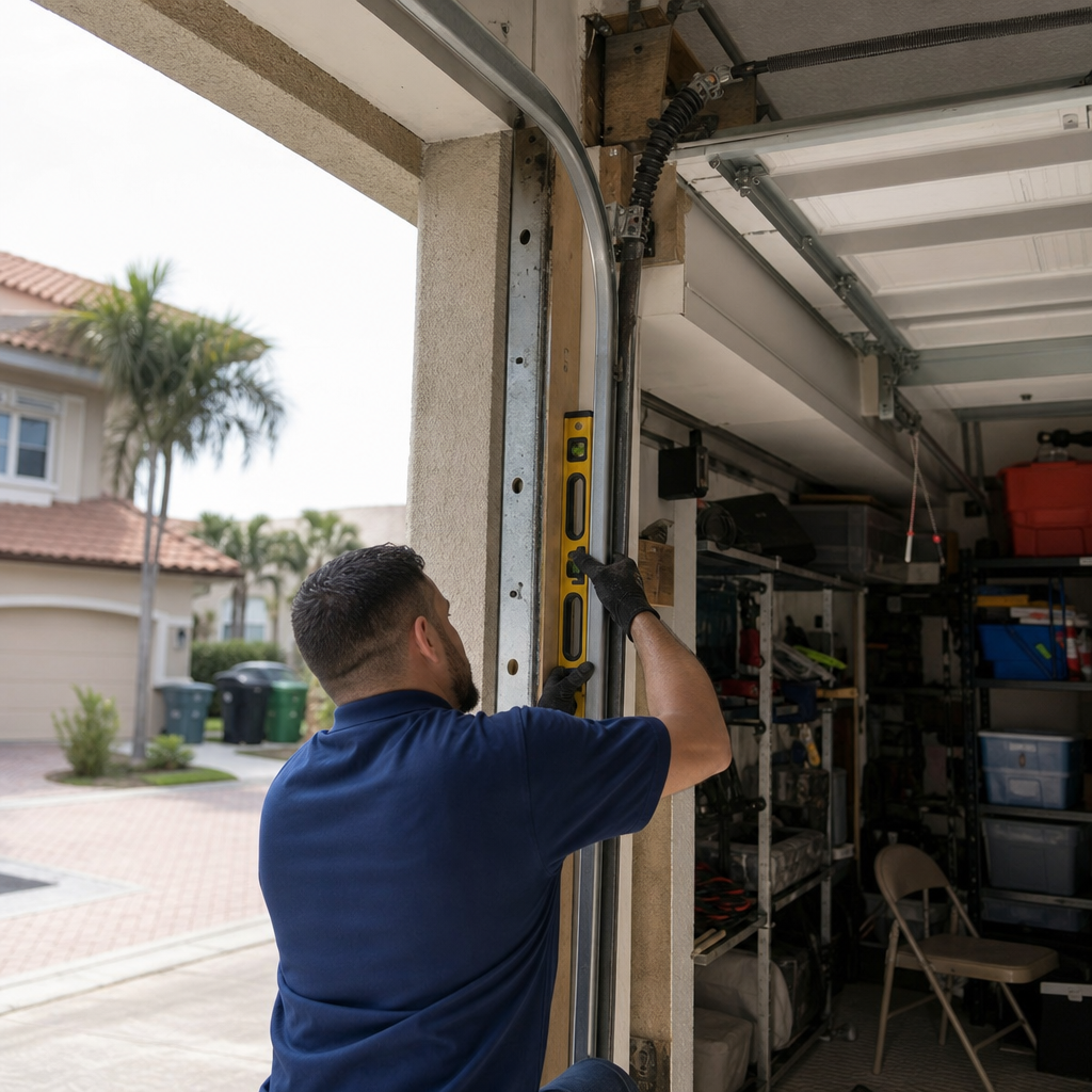 Technician using a level to install or repair a garage door track