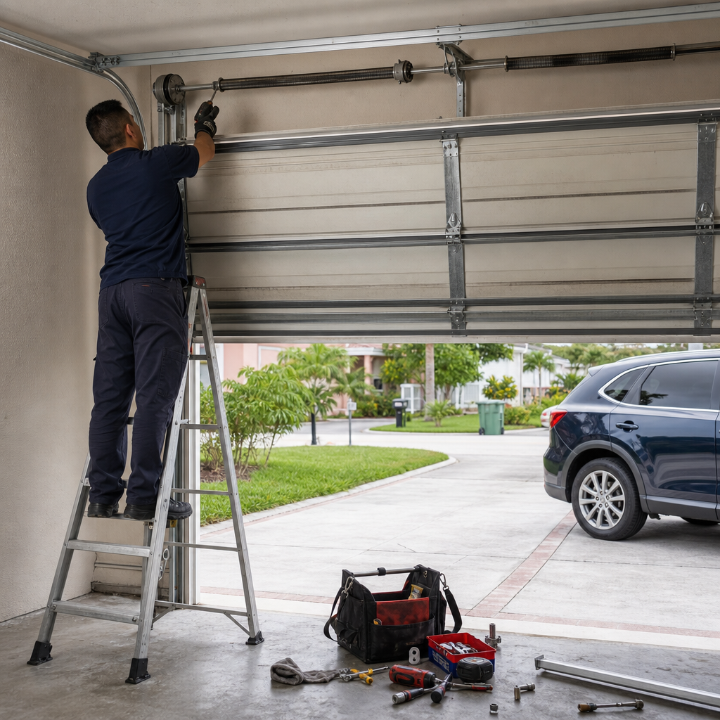 Technician performing emergency garage door spring repair on a ladder in Miami, FL