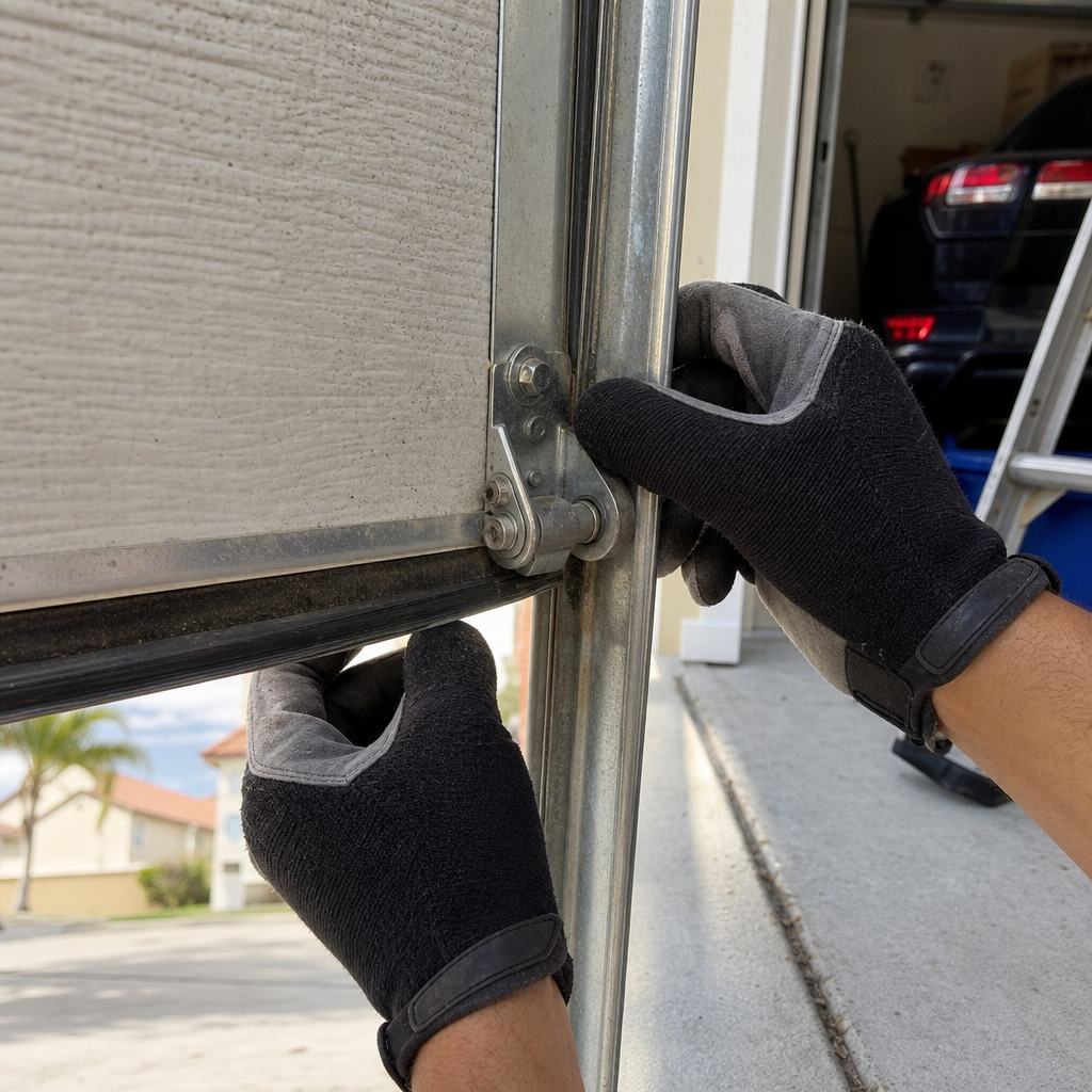 Technician performing emergency garage door repair on metal track and hinge in Andover, FL