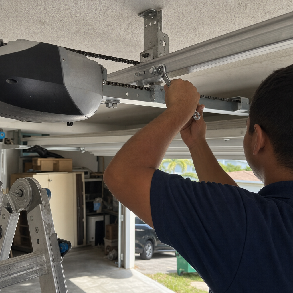 Technician using a wrench to repair a garage door opener motor