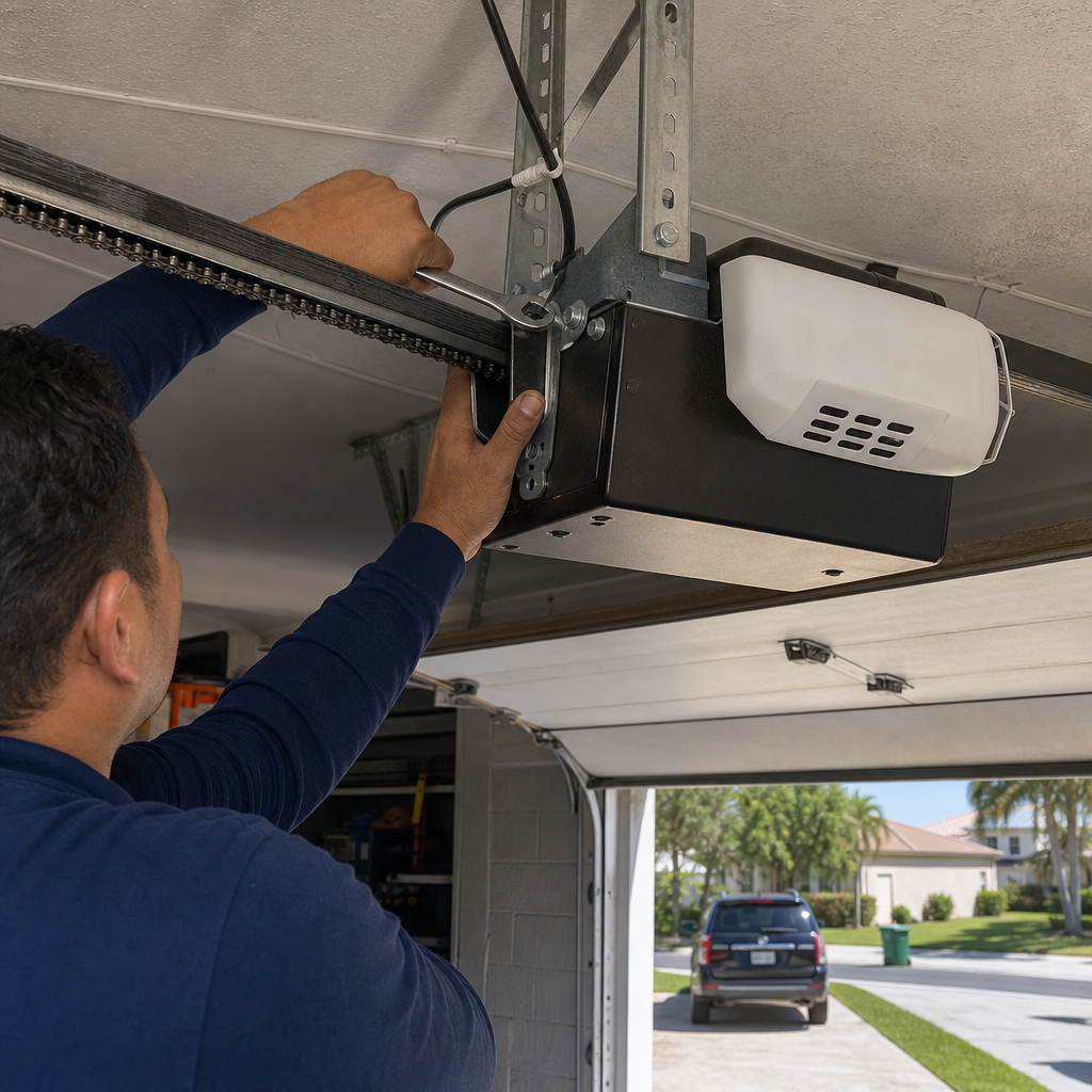 Technician performing maintenance on a residential garage door opener system
