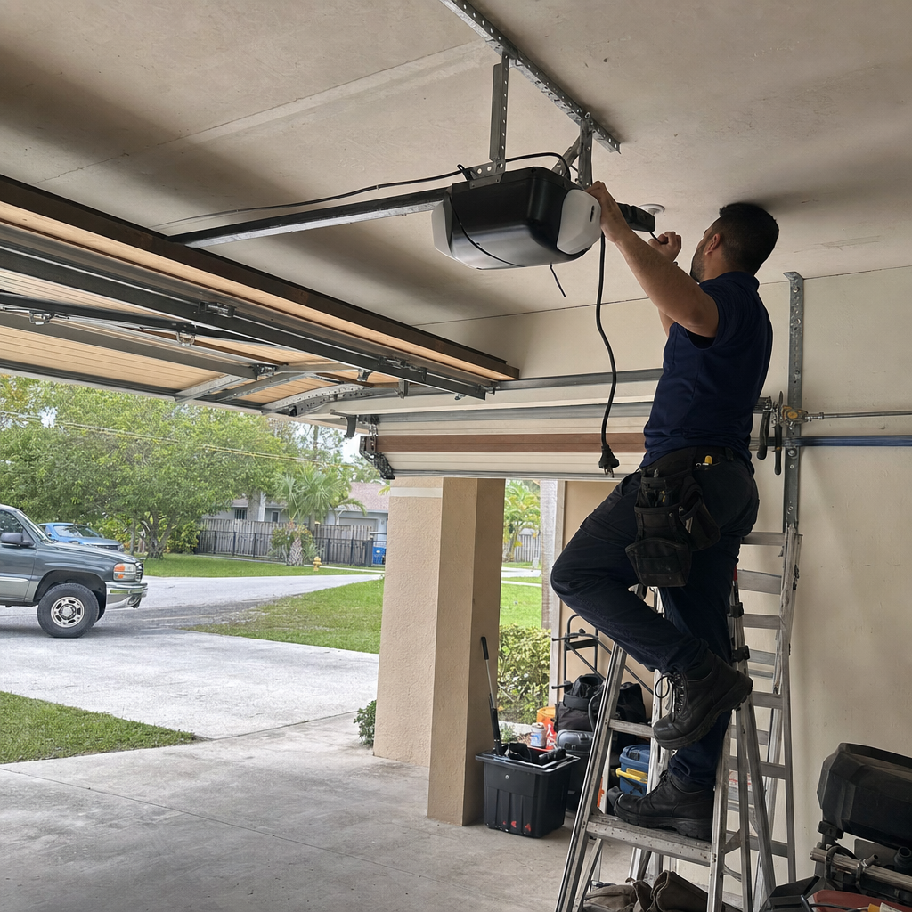 Technician installing a garage door opener motor unit on a ceiling