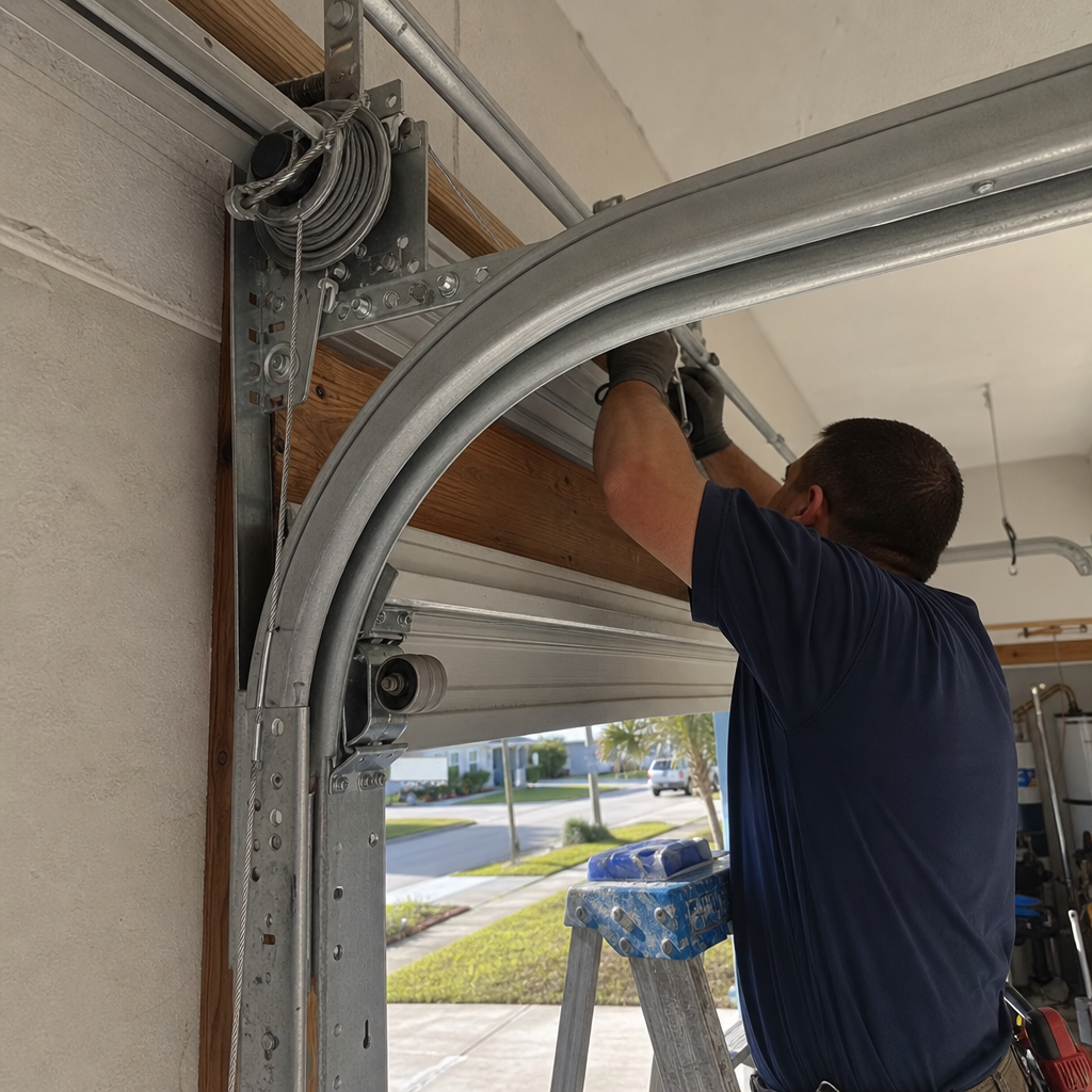 Professional technician performing garage door repair and parts installation in Miami, FL