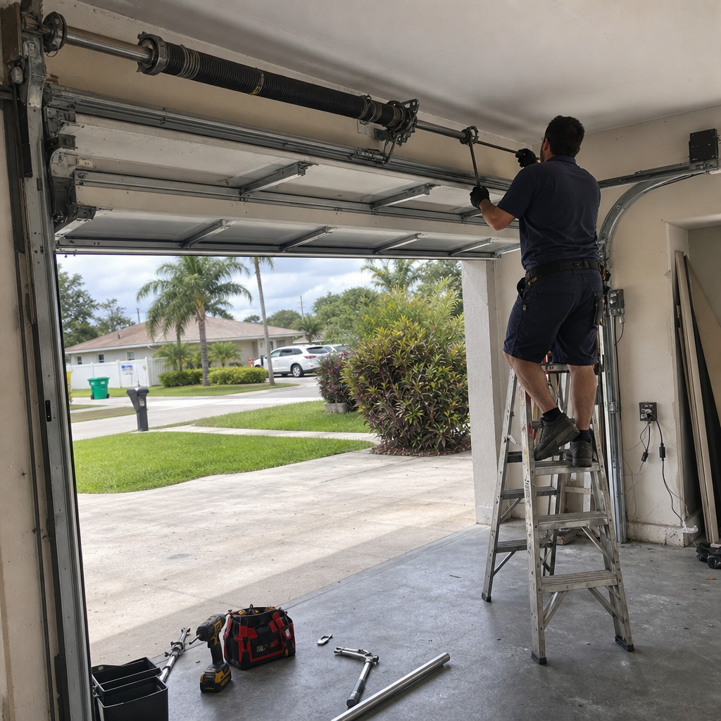 Technician performing professional garage door spring repair and maintenance in Pinecrest, FL